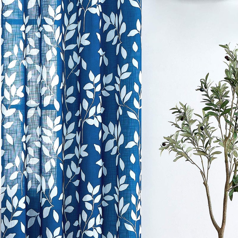 Treatmentex Navy and White Curtains for Bedroom 63" Length Leaf Print Curtains for Windows Semi-Sheers, Royal Blue Grommet Top, 2 Pack - Image 5
